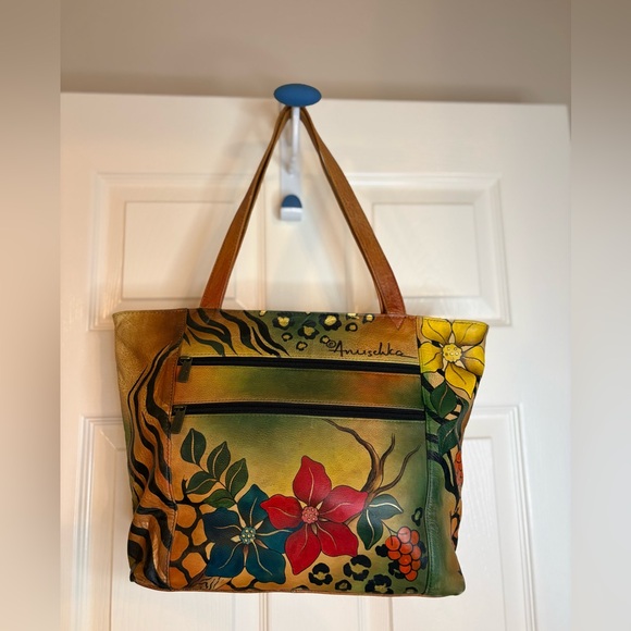 Anuschka Floral Leather Shoulder Bag Hand Painted - Picture 2 of 4